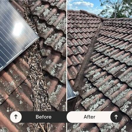 Tile roof valley and solar edge before and after debris removal