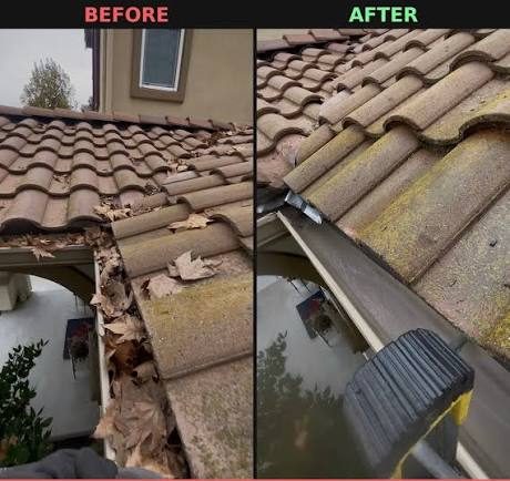 Gutter before and after cleaning on a tile roof